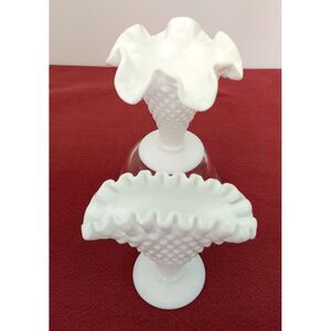 VTG FENTON Hobnail Milk Glass Mini Vases Crimped Fan Top & Ruffled Trumpet Set/2